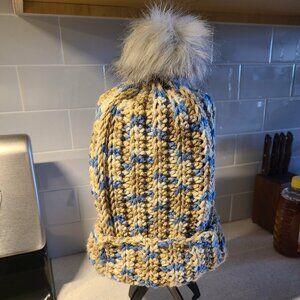 Soft Blue & Tan Adult Beanie with Silver Faux Fur Pompom – Handmade Winter Hat